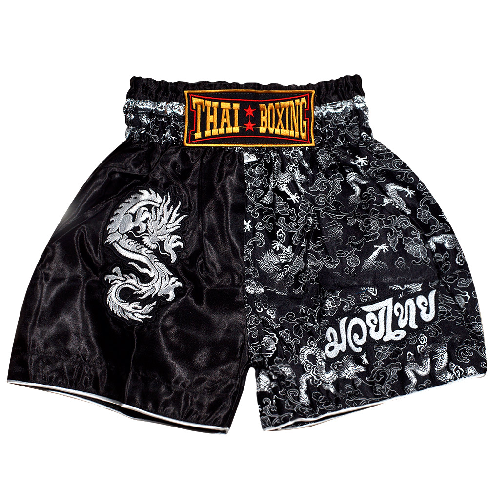 Детские Шорты Тайский Бокс "Thaiboxing" Дракон Черные с Серебром